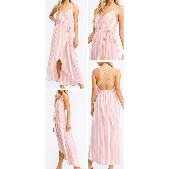Restock✨Pink Stripe Backless HiLow Midi Wrap Dress - Picture 3 of 8